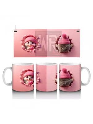Pembe Bere Takmış Sevimli Bebek Kirpi (Ön ve Arka) - Baskılı kahve kupası