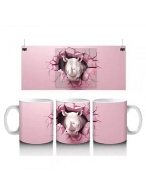 Pembe Çatlak Duvar Arasında Gergedan İllüstrasyonu - Baskılı kahve kupası