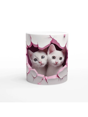 Pembe Çatlak Duvardan Bakan İki Beyaz Kedi Temalı Baskılı Kupa Bardak