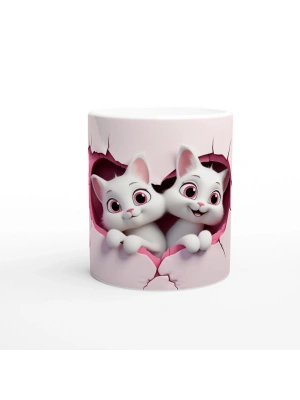 Pembe Çatlak Duvarın İçinden Bakan Neşeli Kediler Temalı Baskılı Kupa Bardak