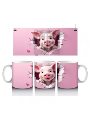 Pembe Çatlak Zeminden Bakan Sevimli Domuzcuk - Baskılı kahve kupası