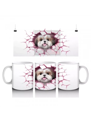 Pembe Çatlak Zeminden Bakan Sevimli Shih Tzu - Baskılı kahve kupası