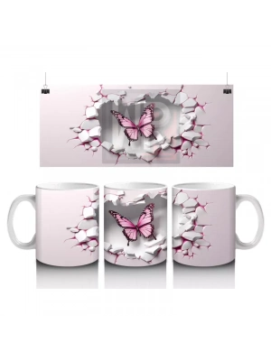 Pembe Çatlaklı Duvar Üzerinde Kelebek – Baskılı Kahve Kupası