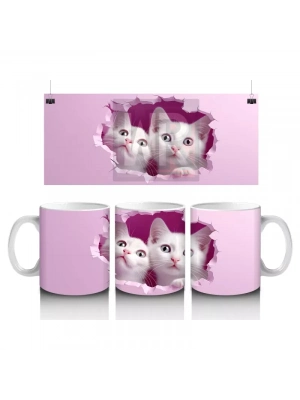 Pembe Çatlakta İkiz Beyaz Kedi Yavruları – Baskılı Kahve Kupası