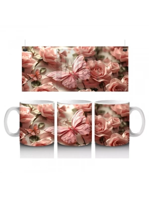 Pembe Çiçek Bahçesinde Zarif Kelebek - Baskılı Kahve Kupası