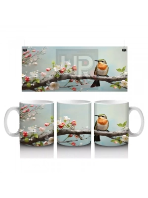 Pembe Çiçek Dalında Oturan Nar Bülbülü – Baskılı Kahve Kupası