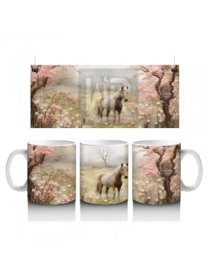 Pembe Çiçekler Arasında Bahar Manzarasında At Silueti - Baskılı kahve kupası