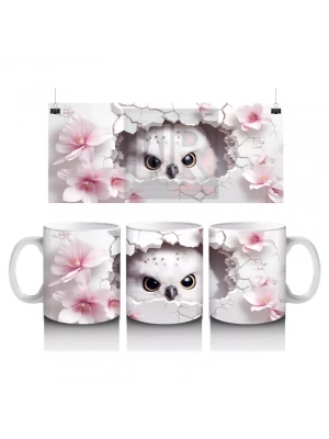 Pembe Çiçekler Arasında Bakan Sevimli Baykuş – Baskılı Kahve Kupası
