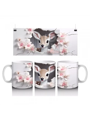 Pembe Çiçekler Arasında Bakan Sevimli Geyik – Baskılı Kahve Kupası