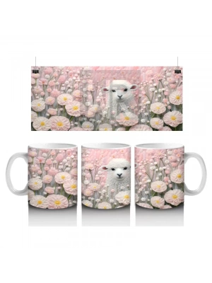 Pembe Çiçekler Arasında Beyaz Kuzucuk – Bahar Temalı Kupa Bardak