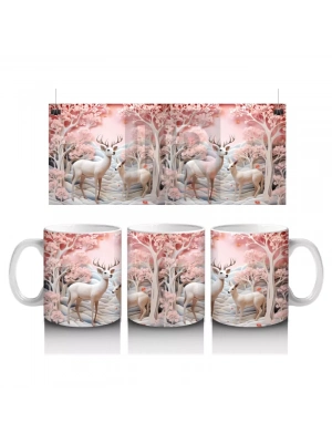 Pembe Çiçekler Arasında Geyik Çifti – Baskılı Kahve Kupası