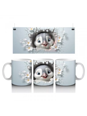 Pembe Çiçekler Arasında Gülümseyen Penguen – Baskılı Kahve Kupası