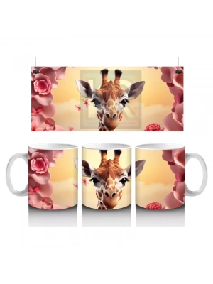 Pembe Çiçekler Arasında Sevimli Zürafa - Baskılı Kahve Kupası