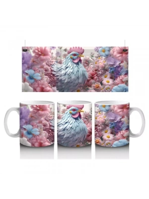 Pembe Çiçekler İçinde Oturan Sevimli Horoz – Baskılı Kahve Kupası