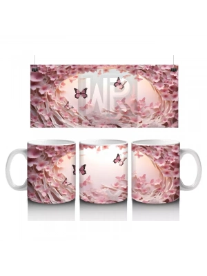 Pembe Çiçekler ve Kalpler Arasında Uçan Kelebekler – Baskılı Kahve Kupası