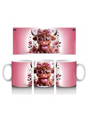 Pembe Çiçekler ve Kalplerle Süslenmiş Şapkalı Buzağı – Baskılı Kahve Kupası
