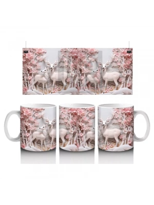 Pembe Çiçeklerle Kaplı Kış Manzarasında Geyik – Baskılı Kahve Kupası