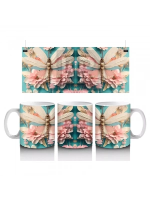 Pembe Çiçeklerle Süslenmiş Çift Yusufçuk İllüstrasyonu - Baskılı kahve kupası