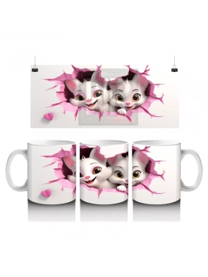 Pembe Çiçeklerle Süslenmiş Kedi Çifti – Baskılı Kahve Kupası