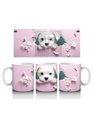 Pembe Çiçeklerle Süslenmiş Yavru Köpek – Baskılı Kahve Kupası