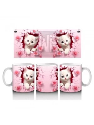 Pembe Çiçekli Arka Planda Sevimli Kedi Çifti - Baskılı Kahve Kupası