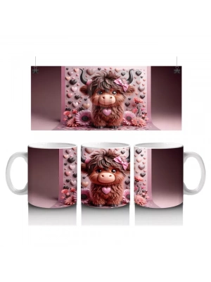 Pembe Desenli Arka Planda Tatlı Boğa - Baskılı Kahve Kupası