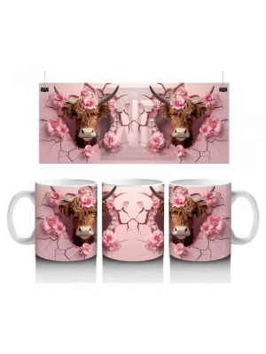 Pembe Desenli Kurdeleli Boğa Figürleri - Baskılı Kahve Kupası