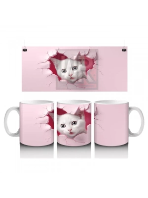 Pembe Duvar Çatlağından Bakan Sevimli Beyaz Kedi Kupa