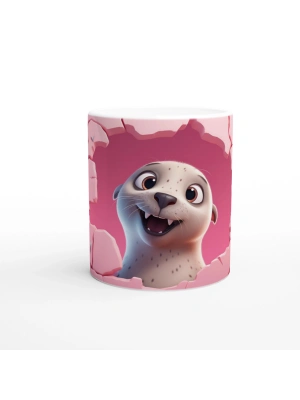 Pembe Duvar Çatlaktan Bakan Sevimli Fok Temalı Baskılı Kupa Bardak