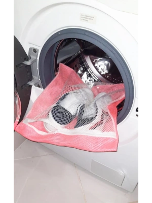 Pembe Fermuarlı - Hassas Çamaşır Terlik  Ayakkabı Yıkama Filesi Büyük Boy