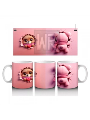 Pembe Fon Üzerinde Sevimli Maskot Karakterler – Baskılı Kahve Kupası