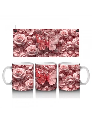Pembe Gül Desenleri Arasında Kelebek - Baskılı Kahve Kupası