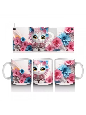 Pembe Güller Arasında Sevimli Kedi – Baskılı Kahve Kupası