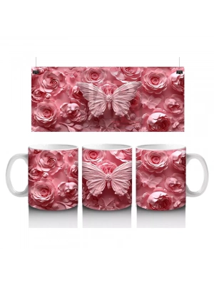Pembe Güller Arasında Zarif Kelebek – Baskılı Kahve Kupası