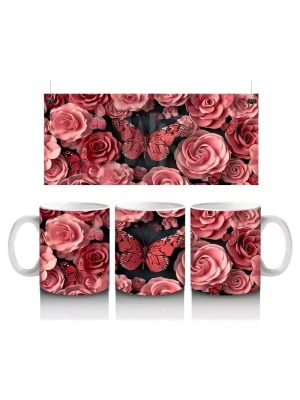 Pembe Güller ve Kelebekler Arasında Rölyef Desen – Baskılı Kahve Kupası
