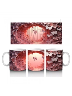 Pembe Işıkların Altında Uçuşan Kelebekler – Baskılı Kahve Kupası