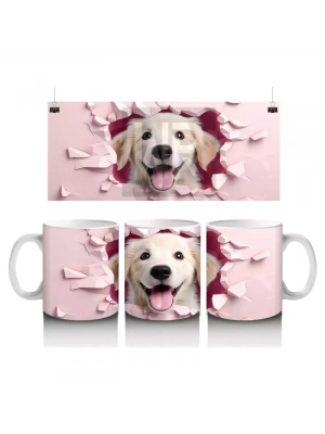 Pembe Kalp Duvarı Delen Sarı Köpek – Baskılı Kahve Kupası