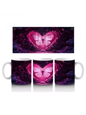 Pembe Kalp İçinde Kelebek Işıltısı – Baskılı Kahve Kupası