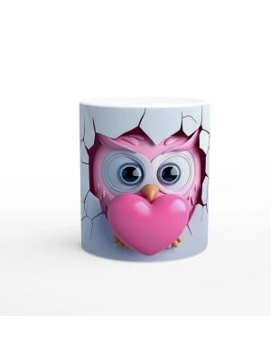 Pembe Kalp Tutan Baykuş Temalı Baskılı Kupa Bardak