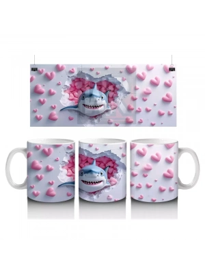 Pembe Kalpler Arasında Bakan Sevimli Köpek Balığı – Baskılı Kahve Kupası