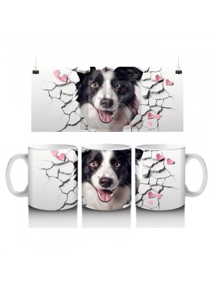 Pembe Kalpler Arasında Çatlağı Delip Bakan Border Collie - Baskılı kahve kupası