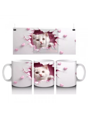 Pembe Kalplerle Çevrili Çift Yavru Kedi – Baskılı Kahve Kupası