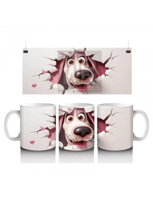 Pembe Kalplerle Çevrili Gülümseyen Karikatür Köpek - Baskılı kahve kupası
