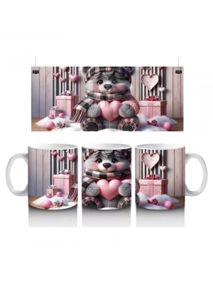 Pembe Kalplerle Süslenmiş Ayıcık – Baskılı Kahve Kupası