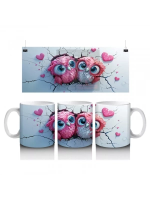 Pembe Kalplerle Süslenmiş Baykuşlar – Baskılı Kahve Kupası
