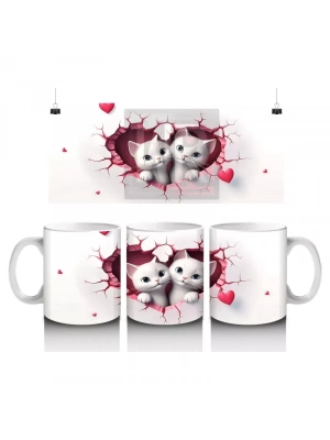 Pembe Kalplerle Süslenmiş İki Beyaz Kedi - Baskılı kahve kupası