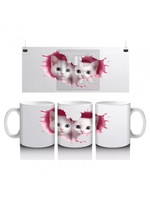 Pembe Kalplerle Süslenmiş İkiz Kedi Yavruları – Baskılı Kahve Kupası