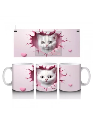 Pembe Kalplerle Süslenmiş Sevimli Kedi – Baskılı Kahve Kupası