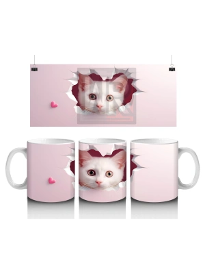 Pembe Kalplerle Süslenmiş Sevimli Kedi – Baskılı Kahve Kupası