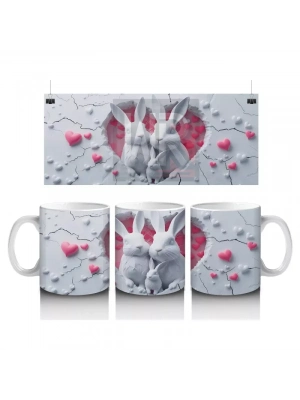 Pembe Kalplerle Süslenmiş Sevimli Tavşanlar – Baskılı Kahve Kupası